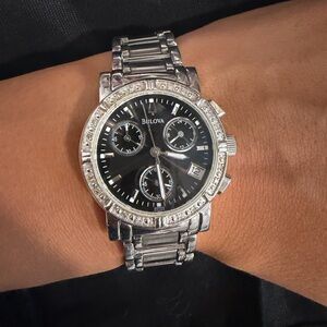 Bulova Women's Silver Chronograph Watch with Black Face
